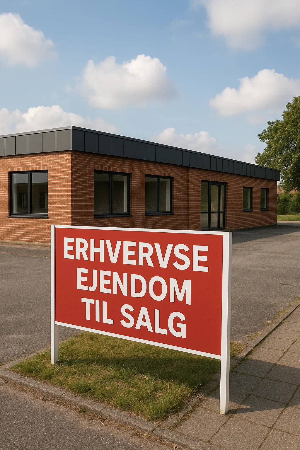 Rød skilt med teksten "Erhvervsejendom til salg" foran en lav murstensbygning med store vinduer under blå himmel med skyer.